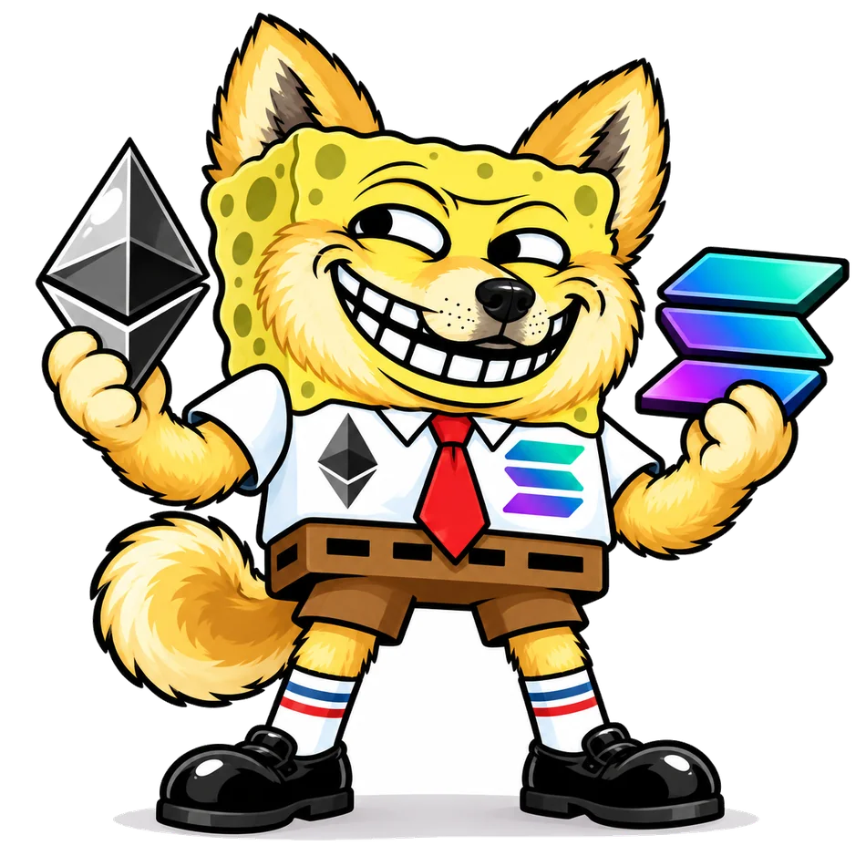 Trogebob holding Ethereum and Solana symbols