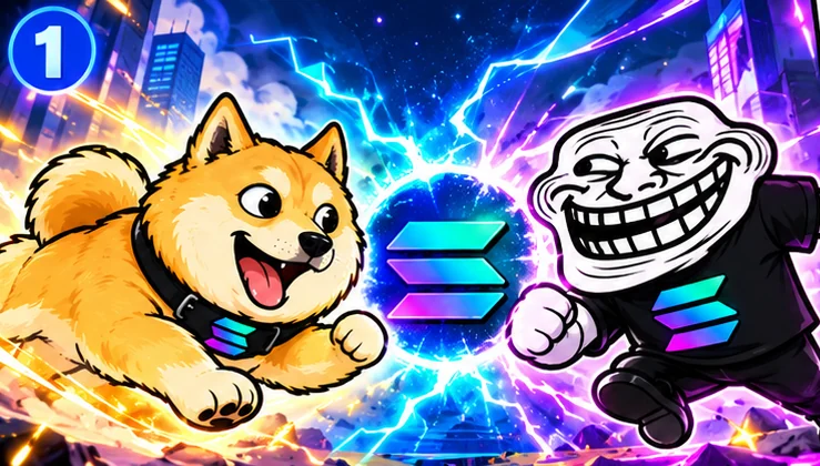 Raj's Doge and Anatoly's Trollface approach the Solana symbol